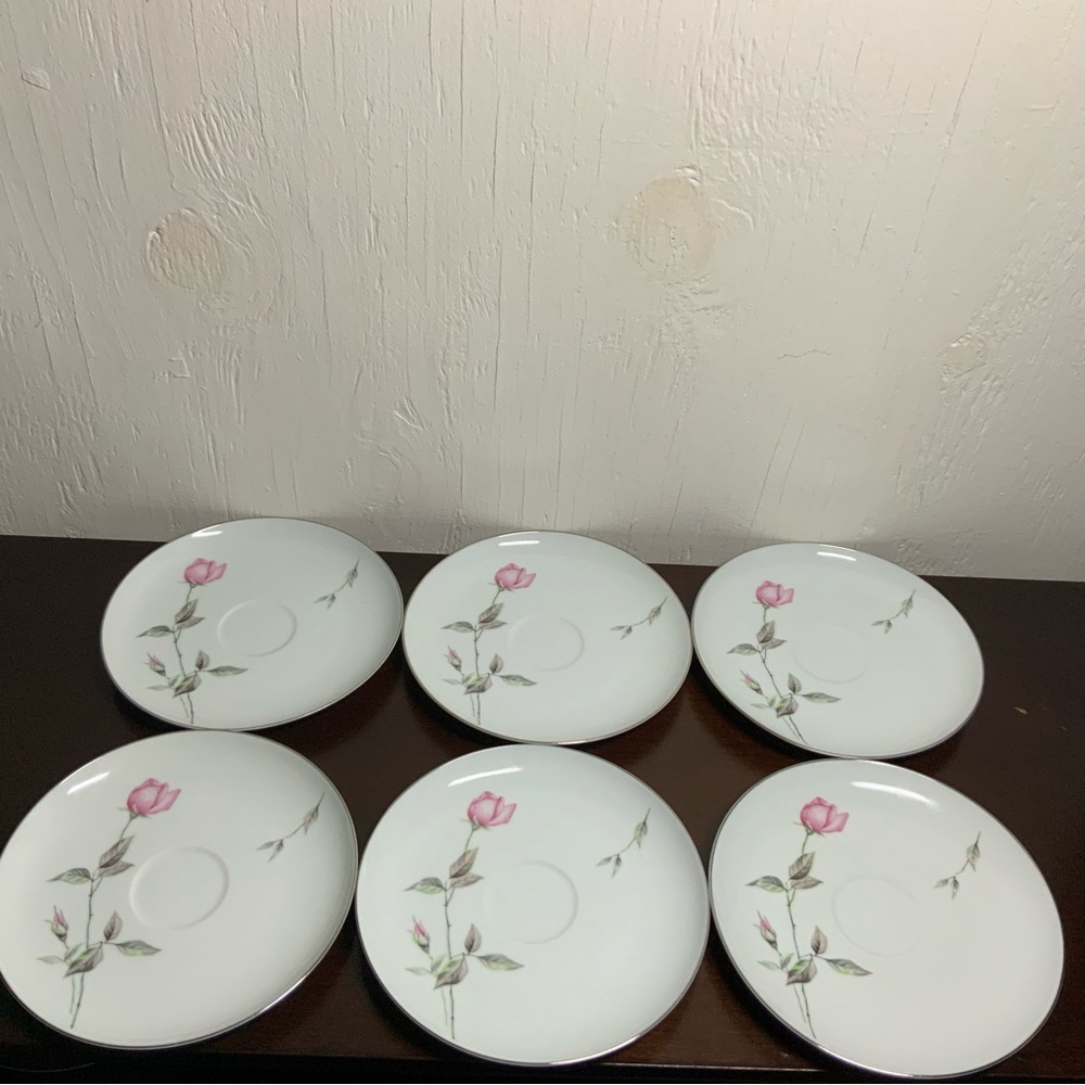 Vintage Sango Japan 6 Dawn Rose Saucers Fine China Platinum Trim Pink Roses